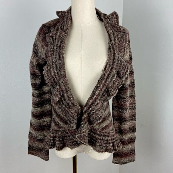 Stamp 10 Sweaters - Stamp 10 Womens Large Brown/Tan Cropped Cardigan Ruffled Fairy Grunge Whimsigoth